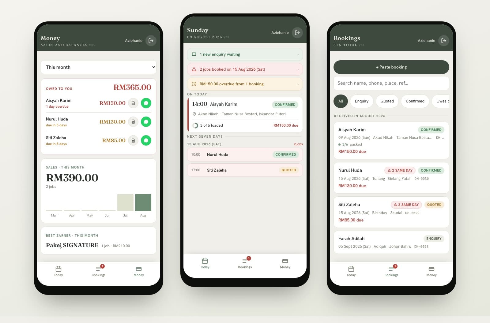 The décohanie booking app shown on three phones — money owed, today's schedule, and the booking list