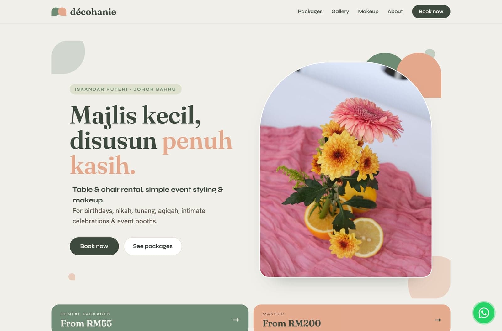 The décohanie website homepage, showing the hero headline and package pricing