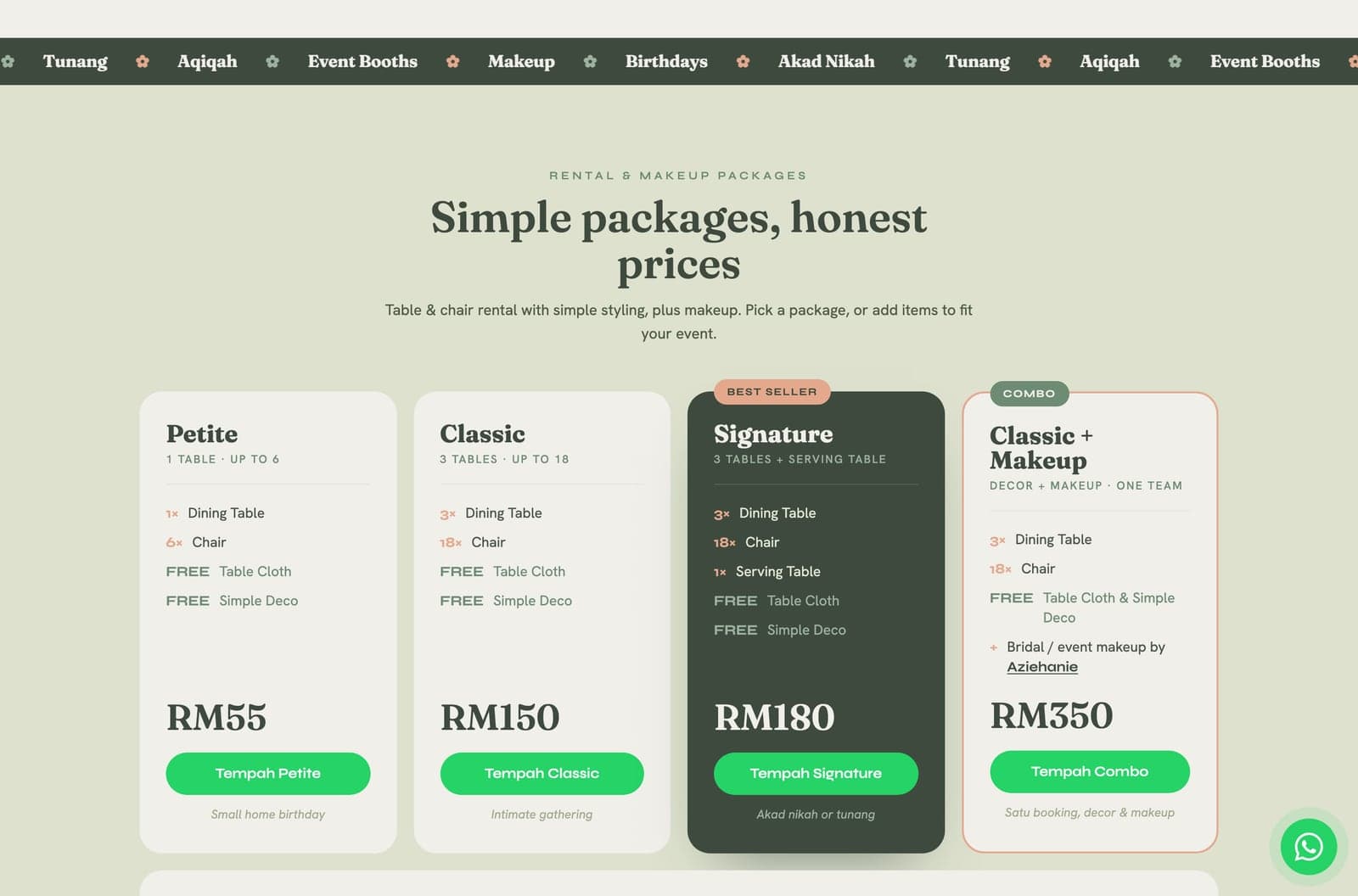 décohanie package comparison section showing four rental packages